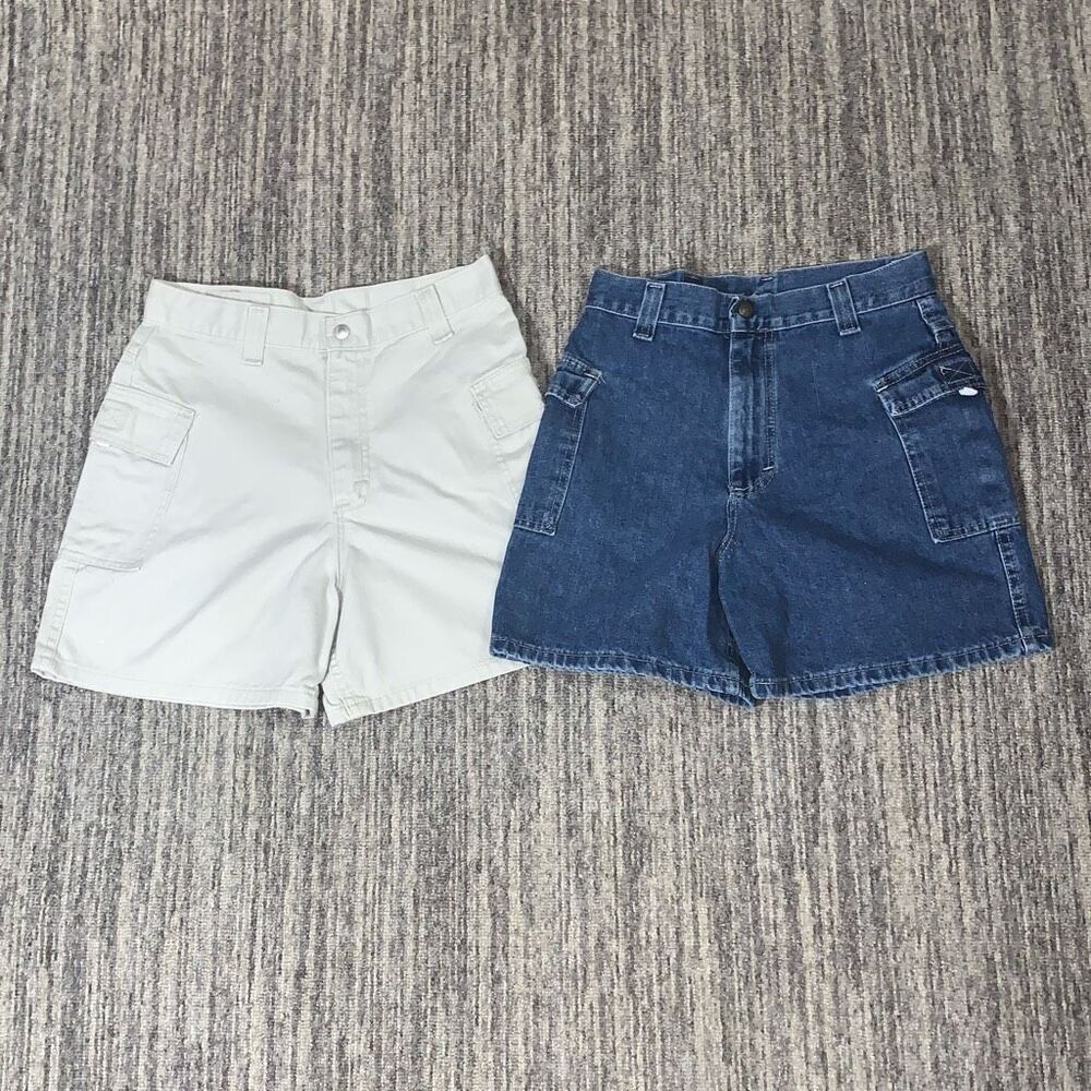 VTG Denim Riders Girls 16 Lot of 2 High Rise‎ Cargo Shorts Tan Blue Cotton USA